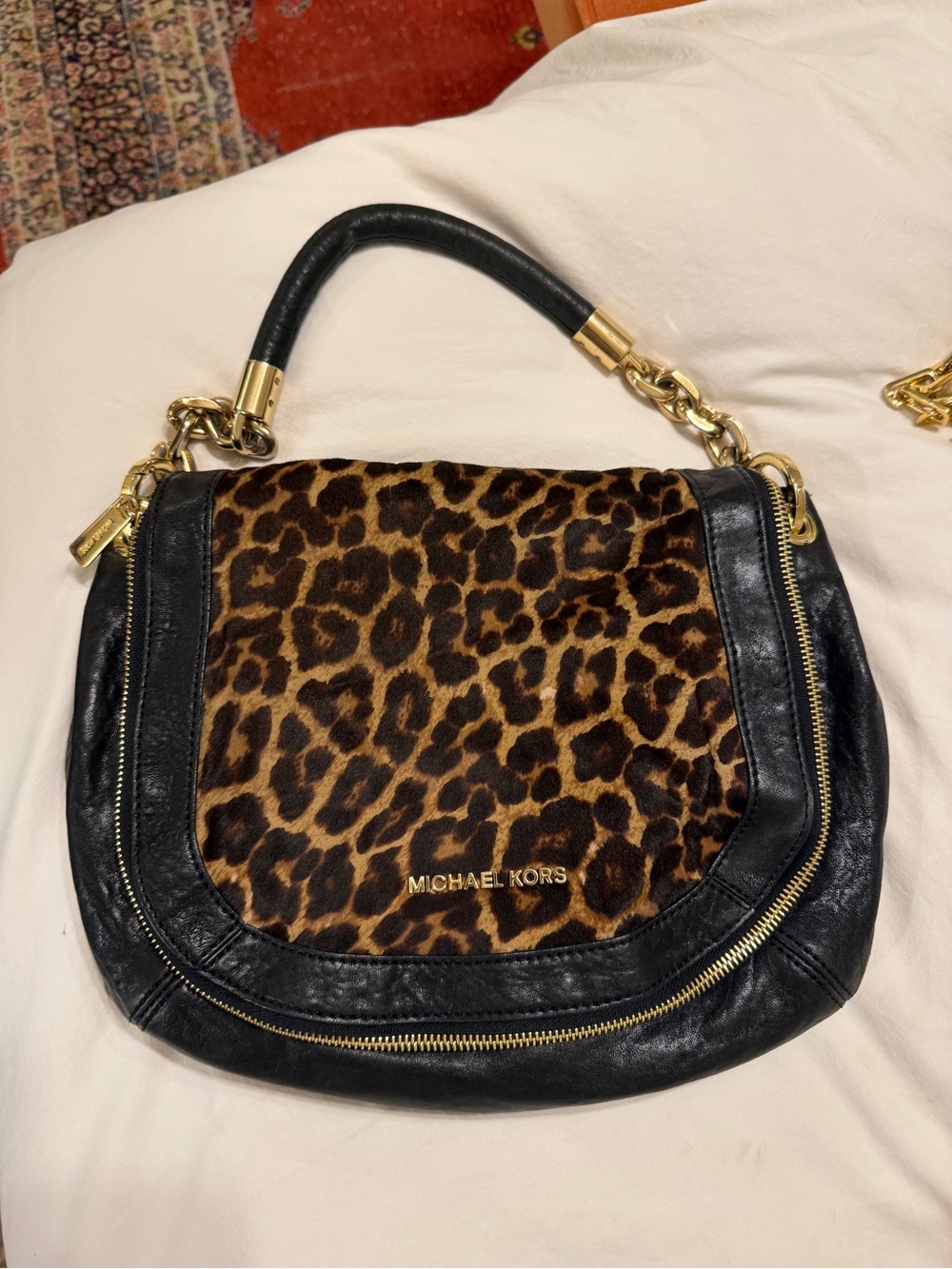 Michael Kors Leopard Print and Black Leather Shoulder Bag with Gold Hardware
